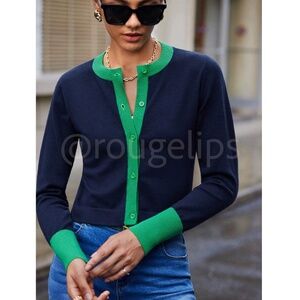 Navy Blue Cardigan Green Contrast Binding Long Sleeve Button Front Fitted